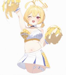 Rule 34 | 1girl, ahoge, arm up, bare shoulders, blonde hair, blue archive, blush, breasts, cheering, cheerleader, cleavage, commentary, cowboy shot, crop top, gloves, halo, highres, holding, holding pom poms, kotori (blue archive), kotori (cheer squad) (blue archive), large breasts, looking at viewer, midriff, millennium cheerleader outfit (blue archive), navel, official alternate costume, open mouth, pom pom (cheerleading), pom poms, red eyes, rikuhito juusan, simple background, skirt, solo, standing, stomach, thigh strap, twintails, white background, white skirt