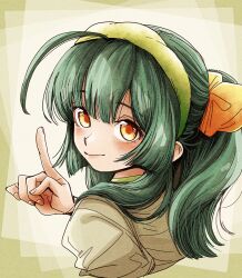 Rule 34 | 1girl, ahoge, alternate hairstyle, blunt bangs, blush, bow, brown shirt, commentary request, cropped shoulders, from behind, green hair, green hairband, hair bow, hair over shoulder, hairband, hand up, highres, index finger raised, long hair, looking at viewer, looking back, multicolored background, natsu tuna, orange bow, orange eyes, ponytail, shirt, smile, solo, touhoku zunko, voiceroid, white background