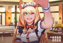 Rule 34 | 10s, 1girl, animal ear fluff, animal ears, bakery, blonde hair, blurry, blurry background, bow, bowtie, cat ears, character name, commission, depth of field, english text, fake screenshot, fangs, green eyes, hair between eyes, hand up, headpat, indoors, less, lipstick, long hair, looking at viewer, maid, maid headdress, makeup, maple (nekopara), motion blur, nekopara, one eye closed, orange bow, orange bowtie, red bow, red bowtie, red lips, ringed eyes, shop, short sleeves, signature, smile, solo, subtitled, upper body, visual novel, wrist cuffs