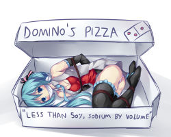 Rule 34 | 1girl, aqua eyes, aqua hair, arms behind back, bdsm, black thighhighs, bondage, boots, bound, box, breasts, cleavage, cloth gag, detached sleeves, domino&#039;s pizza, english text, gag, gagged, hair ribbon, hatsune miku, improvised gag, in box, in container, legs together, long hair, lying, maullarmaullar, necktie, on side, over the mouth gag, panties, pantyshot, pizza box, ribbon, solo, thigh boots, thighhighs, twintails, underwear, upskirt, vocaloid