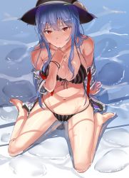 Rule 34 | 1girl, absurdres, aged up, bare legs, bare shoulders, barefoot, bikini, black bikini, black hat, blue hair, blush, breasts, collarbone, food, from above, front-tie bikini top, front-tie top, fruit, full body, groin, hair between eyes, hand up, hat, highres, hinanawi tenshi, large breasts, leaf, long hair, looking at viewer, navel, neropaso, off shoulder, open clothes, open shirt, peach, red eyes, red ribbon, ribbon, shiny skin, shirt, side-tie bikini bottom, sidelocks, sitting, solo, stomach, striped bikini, striped clothes, swimsuit, thighs, touhou, vertical-striped bikini, vertical-striped clothes, very long hair, wariza, water, wet, white shirt