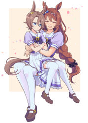 Rule 34 | 2girls, animal ears, black scrunchie, blue eyes, bow, bowtie, brown footwear, brown hair, commentary, crossed arms, ear ornament, facing viewer, full body, hair ornament, hair scrunchie, highres, horse ears, horse girl, horse tail, invisible chair, loafers, long hair, looking at another, multicolored hair, multiple girls, narita taishin (umamusume), pleated skirt, puffy short sleeves, puffy sleeves, purple bow, purple bowtie, purple serafuku, purple shirt, rsuhima, sailor collar, sailor shirt, school uniform, scrunchie, serafuku, shirt, shoes, short hair, short sleeves, sitting, sitting on lap, sitting on person, skirt, super creek (umamusume), tail, thighhighs, tracen school uniform, two-tone hair, umamusume, very long hair, white skirt, white thighhighs