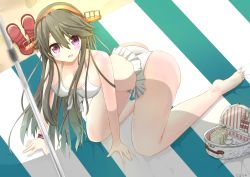 Rule 34 | 1girl, :d, alternate costume, ass, barefoot, beach, bikini, black hair, breasts, cleavage, food, full body, hair ornament, hairclip, haruna (kancolle), headgear, kantai collection, large breasts, long hair, looking at viewer, lunchbox, open mouth, purple eyes, red footwear, sandals, unworn sandals, sandwich, smile, solo, swimsuit, tetranono, white bikini