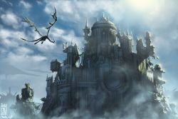 Rule 34 | castle, cloud, cloudy sky, dated, dragon, flying, fog, highres, ikeda (cpt), no humans, original, outdoors, scenery, signature, silhouette, sky, tree