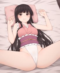 Rule 34 | 1girl, bare arms, bare shoulders, black hair, blunt bangs, blush, borrowed design, brown eyes, cameltoe, commentary, frills, highres, hime cut, houraisan kaguya, long hair, looking at viewer, lying, miyo (ranthath), obi, on back, pillow, sash, smile, solo, spread legs, thighs, touhou, touhou tag dream, very long hair