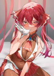 Rule 34 | 1girl, absurdres, arrow through heart, ascot, bare shoulders, biting, blush, bodysuit, breasts, cleavage, closed mouth, covered navel, cropped jacket, glove biting, gloves, hair between eyes, hair ribbon, heart, heart-shaped pupils, heterochromia, highres, hololive, houshou marine, jacket, large breasts, long hair, looking at viewer, miniskirt, pleated skirt, red ascot, red eyes, red hair, red jacket, red ribbon, red skirt, ribbon, see-through, see-through cleavage, sitting, skirt, sleeveless, sleeveless jacket, solo, symbol-shaped pupils, takeno omoti, twintails, virtual youtuber, white gloves, yellow eyes