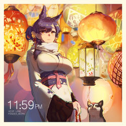 Rule 34 | 1girl, alternate hairstyle, animal, animal ears, artist name, atago (azur lane), azur lane, backlighting, bell, black hair, breasts, chinese new year, chromatic aberration, copyright name, covered navel, dog, earrings, enpera, hair bell, hair between eyes, hair ornament, hair ribbon, highres, japanese clothes, jewelry, jingle bell, kimono, lantern, large breasts, light, long hair, long sleeves, looking at viewer, mole, mole under eye, obi, own hands together, pandea work, parted lips, red ribbon, ribbon, sash, scarf, smile, solo, stud earrings, underbust, upper body, white kimono, white scarf, wide sleeves