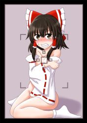 Rule 34 | 1girl, bare shoulders, blush, bow, breasts, brown eyes, brown hair, clenched teeth, collarbone, covering privates, covering breasts, detached sleeves, embarrassed, fang, hair bow, hair tubes, hakurei reimu, highres, looking at viewer, nipples, pov, reticule, self hug, short hair, sidelocks, sitting, small breasts, socks, solo, sweatdrop, teeth, teoi (good chaos), touhou, wariza