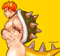Rule 34 | 1boy, akabeko bl, bara, bowser, horns, male focus, mario (series), nintendo, nude, personification, shell, simple background, solo, super mario bros. 1, tail