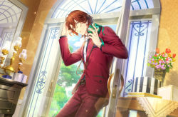 Rule 34 | 1boy, belt, belt buckle, bishounen, black shirt, box, brown belt, brown hair, buckle, cowboy shot, dutch angle, flower, game cg, gift, gift box, grey eyes, tucking hair, hand in own hair, hands up, highres, holding, holding gift, houndstooth, jacket, kotobuki reiji, lamp, lapel pin, leaf, leaning on object, lens flare, light particles, looking at viewer, male focus, mirror, necktie, official art, open door, pants, parted lips, pocket square, purple flower, red flower, red jacket, red pants, red rose, rose, shirt, short hair, solo, striped clothes, striped shirt, suit jacket, table, third-party source, tie clip, tree, uta no prince-sama, uta no prince-sama: shining live, vase, vertical-striped clothes, vertical-striped shirt, white necktie, yellow flower, yellow rose