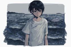Rule 34 | 1boy, :|, arms at sides, black eyes, black hair, closed mouth, day, dot nose, expressionless, glasses, highres, horizon, inu dakisime, looking at viewer, male focus, ocean, original, outdoors, semi-rimless eyewear, shirt, short sleeves, solo, t-shirt, upper body, water, white shirt
