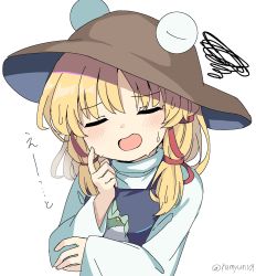 Rule 34 | 1girl, blonde hair, brown headwear, closed mouth, highres, long sleeves, moriya suwako, open mouth, ramudia (lamyun), short hair, sidelocks, simple background, solo, squiggle, touhou, upper body, white background