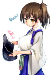 Rule 34 | 10s, 1girl, breasts, brown eyes, brown hair, japanese clothes, kaga (kancolle), kantai collection, large breasts, personification, pochadon, short hair, solo, text focus, translated