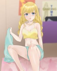 Rule 34 | 1girl, absurdres, artist request, blonde hair, blue eyes, highres, long hair, looking at viewer, open mouth, paripi koumei, shorts, sitting, solo, tsukimi eiko