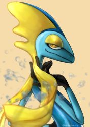 Rule 34 | commentary, creature, creatures (company), english commentary, furry, game freak, gen 8 pokemon, highres, inteleon, looking at viewer, nintendo, pokemon, pokemon (creature), quan ming, signature, simple background, solo, upper body, yellow background, yellow eyes
