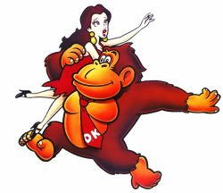 Rule 34 | 1980s (style), 1990s (style), 1girl, bare legs, blue eyes, brown hair, carrying, donkey kong, donkey kong (1981 game), donkey kong (series), dress, earrings, held up, high heels, jewelry, lips, lipstick, long hair, makeup, mario (series), naked necktie, necktie, nintendo, official art, oldschool, pauline (mario), red dress, red lips, retro artstyle, running, shoes, simple background, white background