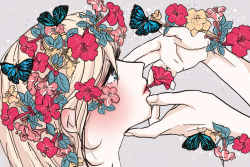 Rule 34 | 1girl, blonde hair, blue butterfly, blue eyes, blush, bug, butterfly, close-up, expressionless, eyelashes, fingernails, flower, flower request, ginkou (atmzh), grey background, hair flower, hair ornament, half-closed eyes, hands on another&#039;s face, insect, leaf, long hair, looking away, orange flower, original, pink flower, pink lips, profile, simple background, solo, solo focus, star (symbol), upper body, yellow flower