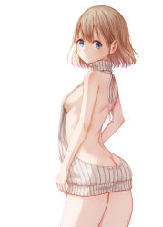 Rule 34 | 1girl, :o, ass, bad id, bad pixiv id, bare arms, bare back, bare legs, bare shoulders, beige sweater, blonde hair, blue eyes, bolbbangbbang, breasts, butt crack, ear piercing, highres, idolmaster, idolmaster shiny colors, light blush, looking at viewer, looking back, medium hair, meme attire, piercing, serizawa asahi, sideboob, simple background, sleeveless, small breasts, solo, sweater, turtleneck, virgin killer sweater, white background