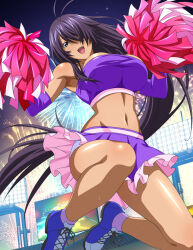 Rule 34 | 1girl, :d, antenna hair, armpits, bandeau, blue footwear, breasts, cheerleader, clothes lift, detached sleeves, floating hair, frilled skirt, frills, grey eyes, hair over one eye, ikkitousen, jumping, kan&#039;u unchou, large breasts, long hair, looking at viewer, midriff, miniskirt, navel, night, open mouth, outdoors, panties, pantyshot, pink socks, pom pom (cheerleading), purple bandeau, purple hair, purple skirt, purple sleeves, shiny skin, skirt, skirt lift, smile, socks, solo, stomach, underwear, very long hair, white panties