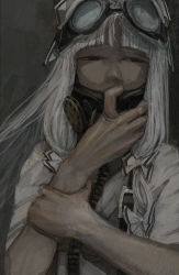 Rule 34 | 1girl, buckle, close-up, covering face, covering own mouth, covering privates, dark, empty eyes, faux traditional media, female focus, fujiwara no mokou, gas mask, goggles, goggles on head, grey theme, hair ribbon, highres, holding own wrist, long hair, looking away, mask, red eyes, respirator, ribbon, simple background, solo, speed painting, toro3, touhou, tube, upper body, white hair