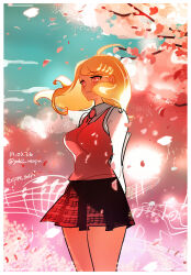 Rule 34 | 1girl, ahoge, akamatsu kaede, arms behind back, backpack, bag, blonde hair, blue sky, border, breasts, cherry blossoms, closed mouth, collared shirt, cowboy shot, danganronpa (series), danganronpa v3: killing harmony, dated, day, eyelashes, flower, fortissimo, hair lift, hair ornament, haun, highres, large breasts, long hair, long sleeves, looking ahead, miniskirt, musical note, musical note hair ornament, necktie, orange necktie, outdoors, petals, pink eyes, pink flower, pink vest, pleated skirt, purple skirt, shirt, skirt, sky, smile, solo, third-party source, tree, twitter username, vest, white bag, white border, white shirt, white sleeves, wind, wind lift