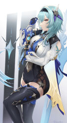 Rule 34 | 1girl, absurdres, arm under breasts, black hairband, blue cape, blue hair, boots, breasts, cape, closed mouth, clothing cutout, covered navel, cowboy shot, eula (genshin impact), from side, genshin impact, greatsword, hair between eyes, hair ornament, hairband, hand up, high-waist shorts, highres, kinokoneko, knee up, large breasts, long sleeves, looking at viewer, medium hair, playing with own hair, shorts, shoulder cutout, solo, sword, thigh boots, weapon, white sleeves, wide sleeves, yellow eyes