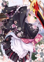 Rule 34 | 1girl, absurdres, apron, arms up, artist name, black kimono, cherry blossoms, commentary request, floral print, genshin impact, greatsword, green eyes, grey hair, highres, hiziriamane, holding, holding weapon, japanese clothes, kimono, looking at viewer, maid, maid headdress, mixed-language commentary, noelle (genshin impact), obi, open mouth, redhorn stonethresher (genshin impact), sash, short hair, solo, sword, wa maid, weapon, white apron, wide sleeves