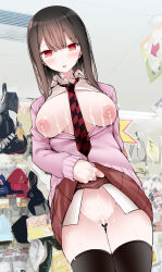 Rule 34 | 1girl, bar censor, black necktie, black thighhighs, blunt bangs, blush, breasts, breasts out, brown hair, cardigan, censored, checkered necktie, clothes lift, commentary request, cowboy shot, cum, cum on body, cum on breasts, cum on clothes, cum on stomach, cum on upper body, dutch angle, embarrassed, female focus, highres, himeno momo, indoors, large areolae, large breasts, legs together, lifting own clothes, long hair, long sleeves, looking at viewer, miniskirt, necktie, no panties, oouso, open mouth, partially unbuttoned, photo background, pink cardigan, public indecency, red necktie, red skirt, school uniform, shirt, shop, sidelocks, skirt, skirt lift, solo, sweatdrop, tama project, thighhighs, thighs, virtual youtuber, white shirt