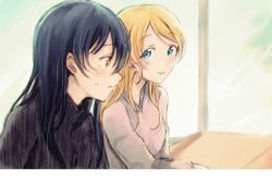 Rule 34 | 2girls, ayase eli, blonde hair, blue eyes, blue hair, blush, commentary request, hair between eyes, long hair, long sleeves, looking at another, love live!, love live! school idol project, multiple girls, smile, sonoda umi, suito, yellow eyes