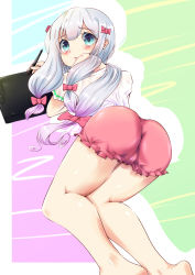 Rule 34 | 1girl, absurdres, artist request, ass, bare legs, blue eyes, blush, bow, closed mouth, eromanga sensei, female focus, hair bow, highres, holding, izumi sagiri, long hair, looking at viewer, low-tied long hair, lying, on side, pajamas, pink bow, pink pajamas, sidelocks, silver hair, solo, stylus, tablet