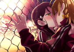 Rule 34 | 2girls, absurdres, against wall, ahoge, blush, bow, braid, chain-link fence, closed eyes, commentary request, fence, french kiss, grabbing another&#039;s chin, hair bow, hair ornament, hairclip, half updo, hand on another&#039;s chin, highres, jacket, kabedon, kiss, kougi hiroshi, long hair, long sleeves, love live!, love live! sunshine!!, multiple girls, ocean, orange eyes, orange hair, outdoors, red hair, red jacket, sakurauchi riko, short hair, side braid, sunset, takami chika, tearing up, tongue, track jacket, yellow bow, yuri
