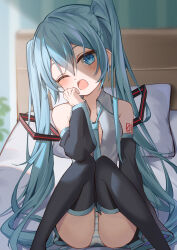 Rule 34 | 1girl, absurdres, accidental exposure, aqua hair, aqua necktie, arm tattoo, black skirt, black sleeves, black thighhighs, blush, breasts, commentary, detached sleeves, double-parted bangs, film grain, grey shirt, hair between eyes, hand up, hatsune miku, highres, indoors, long hair, looking at viewer, m legs, necktie, number tattoo, on bed, one eye closed, panties, pillow, pleated skirt, ryaru ryaru, shirt, shoulder tattoo, sitting, skirt, sleeveless, sleeveless shirt, small breasts, solo, striped clothes, striped panties, tattoo, thighhighs, twintails, unbuttoned, unbuttoned shirt, underwear, very long hair, vocaloid, waking up, white panties, yawning