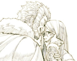 Rule 34 | 2boys, alexander (fate), cape, crying, closed eyes, fate/zero, fate (series), forehead-to-forehead, fur-trimmed cape, fur trim, hand on another&#039;s cheek, hand on another&#039;s face, heads together, holding another&#039;s wrist, iskandar (fate), lord el-melloi ii, lord el-melloi ii case files, male focus, monochrome, multiple boys, shouno, smile, tears, time paradox, vambraces, waver velvet, wrist guards