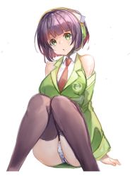 Rule 34 | 1girl, :o, ajishio, bare shoulders, black hair, black thighhighs, blunt bangs, breasts, commentary, detached sleeves, feet out of frame, green eyes, green jacket, green sleeves, headphones, headset, jacket, knees up, kyoumachi seika, medium breasts, necktie, panties, pantyshot, polka dot, polka dot panties, red necktie, shirt, sitting, solo, thighhighs, underwear, voiceroid, white background, white shirt