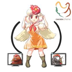Rule 34 | 1girl, animal, animal on head, bird, bird on head, blonde hair, breasts, chick, chicken, chicken scheme, commentary, dress, english commentary, full body, highres, large breasts, looking at viewer, medium breasts, medium hair, monitor, multicolored hair, niwatari kutaka, on head, open mouth, orange dress, profitshame, puffy short sleeves, puffy sleeves, red eyes, red hair, short sleeves, simple background, solo, touhou, white background