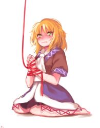 Rule 34 | 1girl, angry, bad id, bad link, bad twitter id, bdsm, blonde hair, blush, bondage, bound, bound wrists, clenched teeth, crying, crying with eyes open, female focus, full body, gradient background, green eyes, mizuhashi parsee, shan, short hair, solo, tears, teeth, tied up (nonsexual), tis (shan0x0shan), touhou, white background