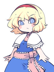 Rule 34 | 1girl, alice margatroid, blonde hair, blue dress, blue eyes, blush stickers, capelet, chahan (fried rice0614), closed mouth, dress, hairband, highres, one-hour drawing challenge, red hairband, short hair, short sleeves, simple background, solo, touhou, upper body, white background, white capelet