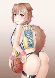 Rule 34 | 1girl, absurdres, animal ears, artist request, ass, bare shoulders, basketball, blush, breasts, brown eyes, brown hair, dog ears, dog tail, from behind, hair ornament, hairclip, highres, hololive, inugami korone, jersey, jfzm001, large breasts, looking at viewer, looking back, shiny clothes, shiny skin, short hair, sideboob, smile, solo, tail, thigh strap, thong, virtual youtuber, wristband