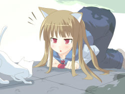 Rule 34 | 00s, 1girl, all fours, animal ears, brown hair, cat, cat ears, female focus, holo, hujikok, long hair, original, outdoors, red eyes, school uniform, solo, spice and wolf, wolf ears