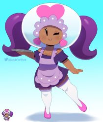 Rule 34 | 1girl, apron, blue background, dark-skinned female, dark skin, earrings, highres, jewelry, mario (series), nintendo, one eye closed, paper mario, paper mario: the thousand year door, purple hair, shell, shell earrings, skirt, smile, solo, somescrub, thighhighs, toad (mario), twintails, waitress, wink