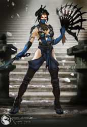Rule 34 | 1girl, armlet, armor, between fingers, black eyes, black hair, blue thighhighs, breasts, choker, cleavage, cleavage cutout, clothing cutout, concept art, fighting stance, hair ornament, hair rings, hair spread out, hand fan, highres, holding, justin murray, kitana, looking at another, mask, midway, mortal kombat (series), mortal kombat (series), mortal kombat x, ninja, parted bangs, sandals, shoulder pads, sideboob, solo, stairs, standing, temple, thighhighs, thighs, toned