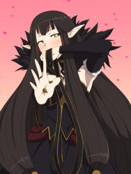 Rule 34 | 1girl, absurdly long hair, absurdres, amatlas, bare shoulders, black dress, black hair, blush, breasts, bridal gauntlets, cleavage, detached sleeves, dress, fate/grand order, fate (series), fur trim, highres, large breasts, long dress, long hair, looking at viewer, pointy ears, semiramis (fate), solo, spikes, very long hair, yellow eyes