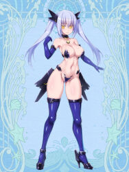 Rule 34 | 1girl, abstract background, armor, bikini armor, blue hair, blue theme, breasts, cameltoe, character request, choker, cocytus (wind master), commentary request, dairoku ryouhei, elbow gloves, gloves, gluteal fold, groin, hair ornament, high heels, large breasts, latex, latex gloves, latex thighhighs, light blue hair, long hair, maebari, mecha musume, mechanical parts, navel, pasties, revealing clothes, shiny skin, smile, solo, standing, thighhighs, twintails, yellow eyes