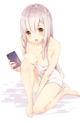Rule 34 | 1girl, barefoot, blush, breast press, breasts, brown eyes, cellphone, cleavage, collarbone, grey hair, highres, holding, holding phone, long hair, looking at viewer, manatsuki manata, medium breasts, naked towel, open mouth, original, phone, sitting, smartphone, solo, tareme, teeth, thighs, towel