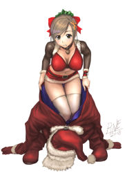 Rule 34 | 1girl, bell, neck bell, blush, bow, breasts, brown hair, choker, cleavage, collar, collarbone, commentary, dressing, female focus, hair bow, jayun, large breasts, midriff, navel, santa costume, skirt, solo, thigh gap, thighhighs, thighs, white background, yellow eyes, zettai ryouiki