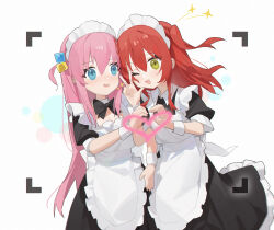 Rule 34 | 2girls, alternate costume, apron, black dress, blue eyes, blush, bocchi the rock!, commentary request, cube hair ornament, dress, enmaided, gotoh hitori, hair ornament, heart, heart hands, heart hands duo, highres, kita ikuyo, long hair, looking at viewer, looking away, maid, maid headdress, measho, medium hair, multiple girls, one eye closed, open mouth, pink hair, red hair, side-by-side, simple background, smile, tareme, viewfinder, w, white apron, white background, wrist cuffs, yellow eyes