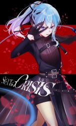 Rule 34 | 1girl, absurdres, akise 3901, asymmetrical clothes, belt, black gloves, black ribbon, blue eyes, blue hair, braid, chest belt, english text, floral print, gloves, hair ribbon, highres, hololive, hoshimachi suisei, hoshimachi suisei (shout in crisis), long hair, long sleeves, microphone, official alternate costume, official alternate hairstyle, open mouth, petals, ponytail, ribbon, solo, virtual youtuber