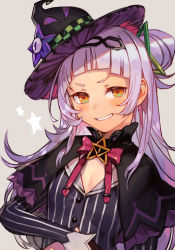 Rule 34 | 1girl, blunt bangs, blush, breasts, capelet, eyebrows, hair bun, hat, hololive, hungry clicker, long hair, murasaki shion, murasaki shion (1st costume), silver hair, single hair bun, small breasts, smile, solo, virtual youtuber, witch hat, yellow eyes