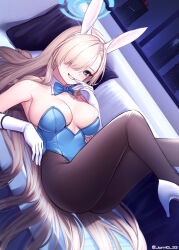 Rule 34 | 1girl, asuna (blue archive), blonde hair, blue archive, blue eyes, blue leotard, bow, bowtie, breasts, building, gloves, grin, hair over one eye, halo, high heels, jurrig, large breasts, leotard, lying, on back, pantyhose, playboy bunny, rabbit ears, smile, solo, twitter username, watermark, white gloves, window