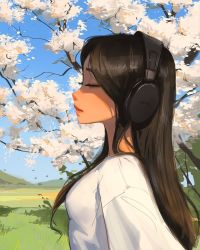 Rule 34 | 1girl, black hair, breasts, closed eyes, closed mouth, day, grass, headphones, highres, lips, long hair, mountain, outdoors, photo-referenced, profile, real life, sam yang, shadow, small breasts, solo, tree